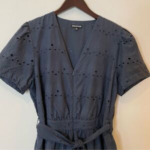 Whistles Zoe Broderie Jumpsuit Eyelet Self Tie Straight Leg Holiday Blue 12 NWOT